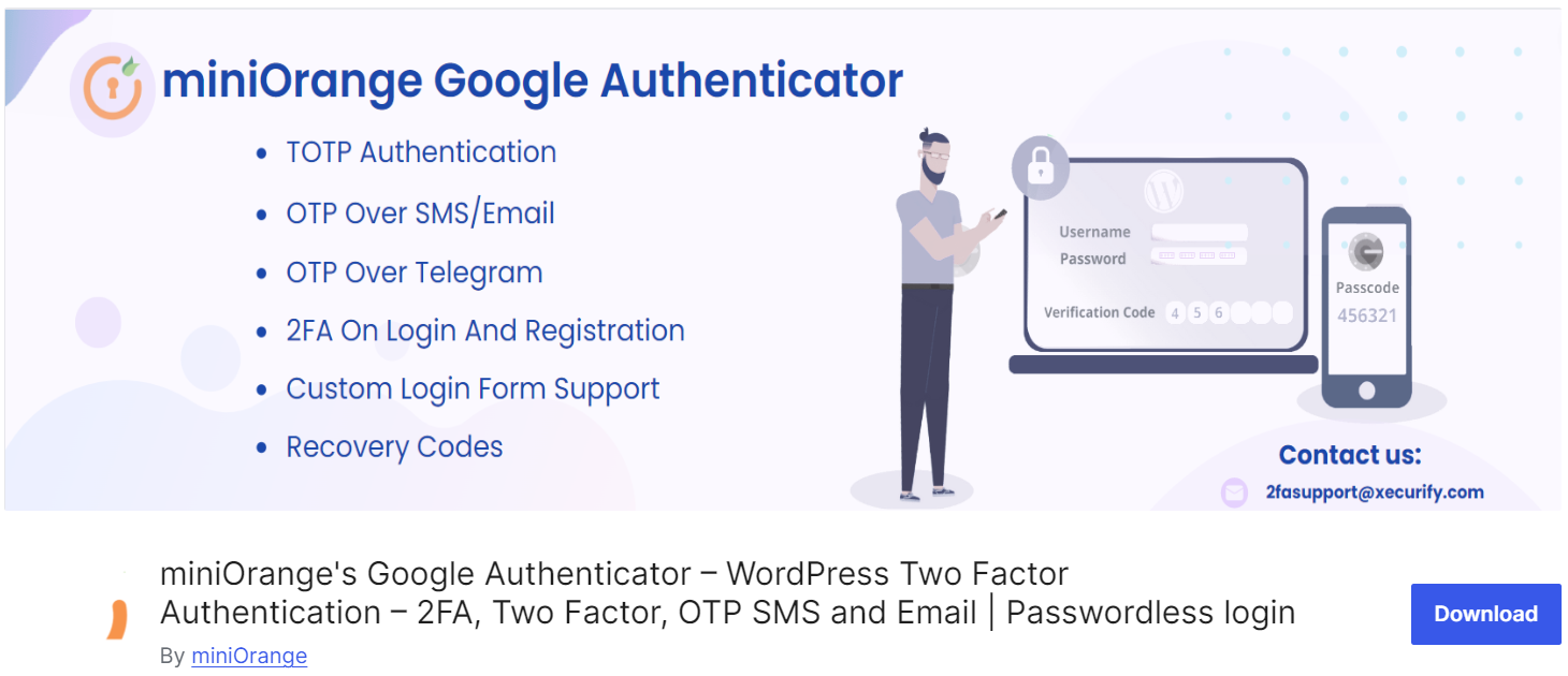 miniOrange plugin WordPress para autenticação de dois fatores