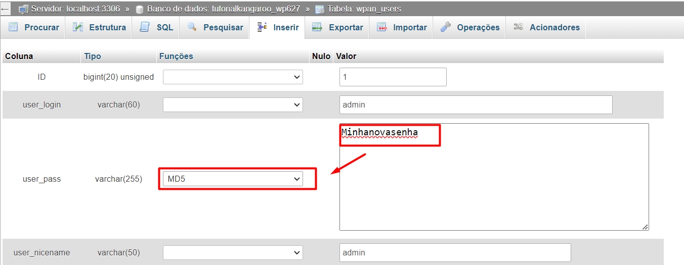 Definicao da nova senha do usuario pelo banco de dados do wordpress