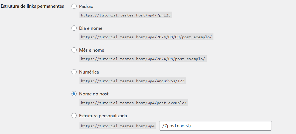 Estrutura de links permanentes WordPress