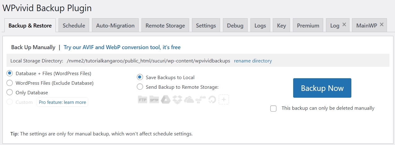 Gerar backup local com plugin WPvivid WordPress