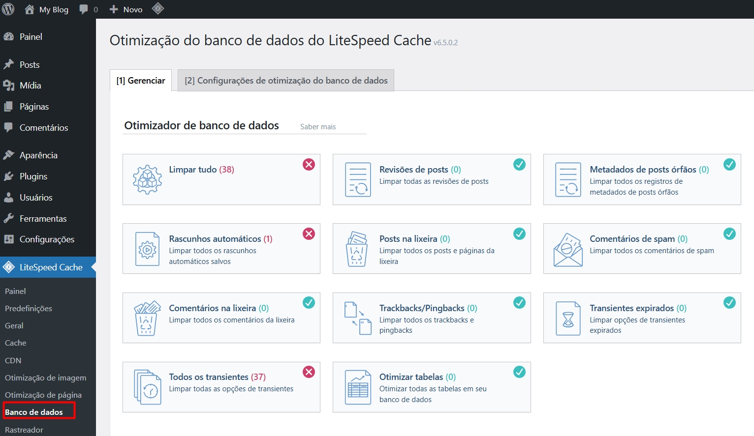 Otimizacao de banco de dados do LiteSpeed Cache no WordPress com limpeza de rascunhos, comentarios, lixeira, transientes, revisoes