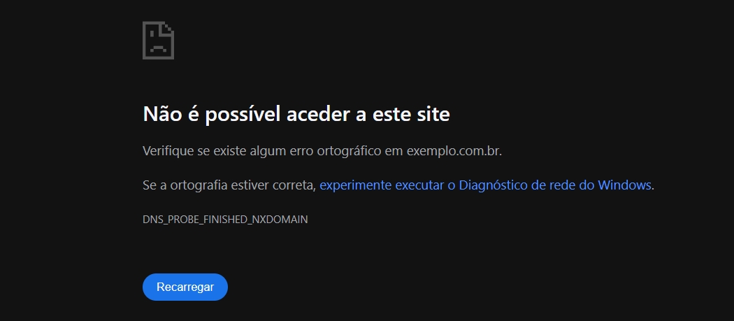 Site domínio erro DNS_PROBE_FINISHED