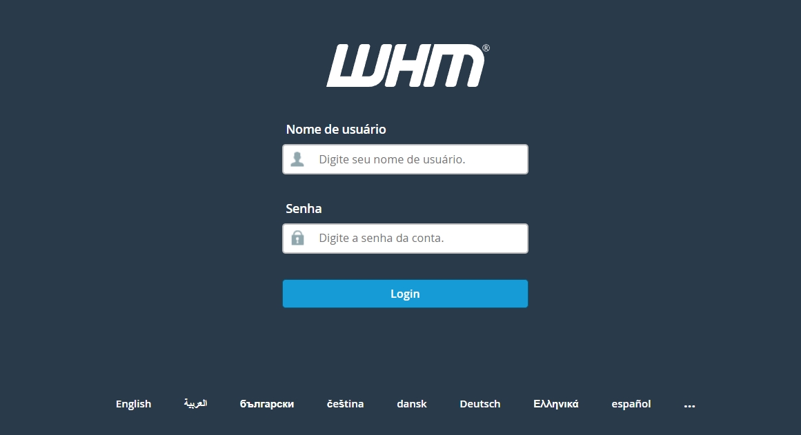 Tela de login do painel WHM