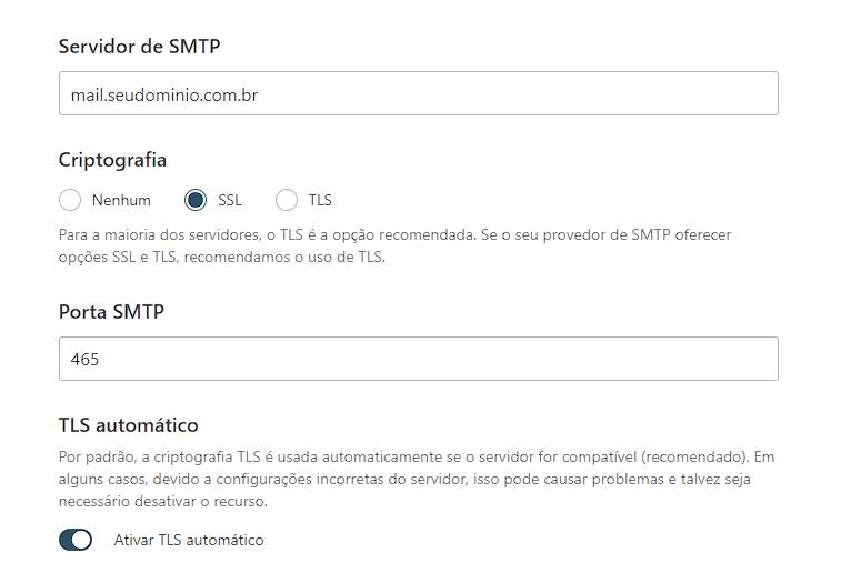 Configuracoes do SMTP