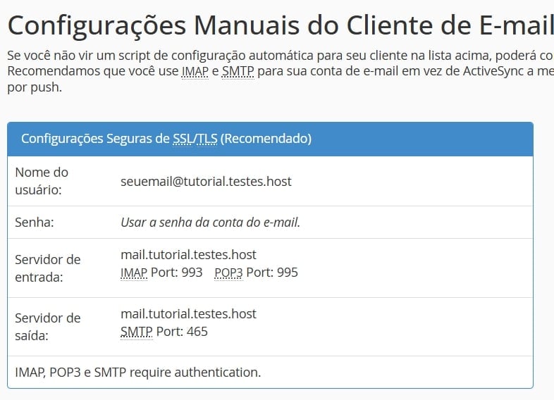 Dados conexao email SMTP IMAP POP