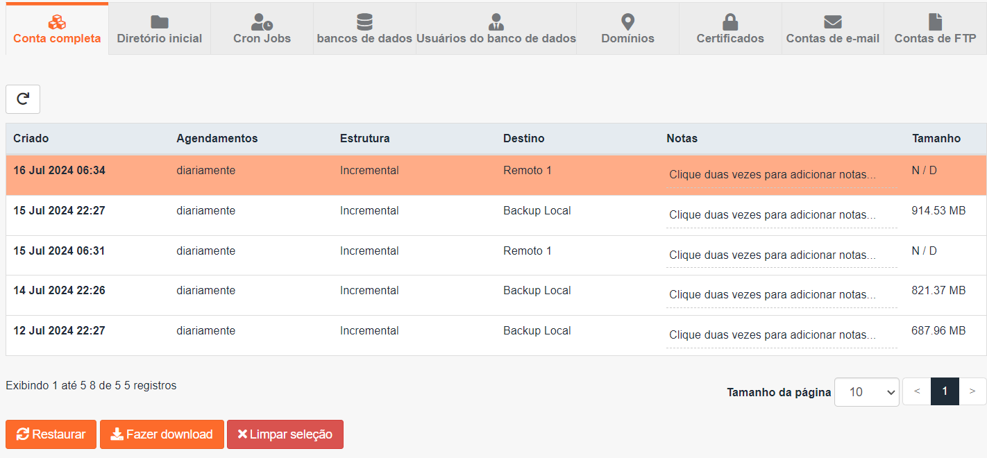 Data do backup selecionar restaurar jetbackup