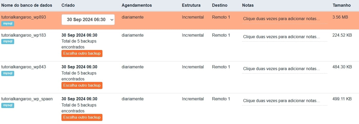 Datas de backup para restauracao