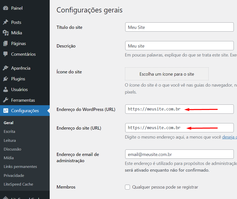 URL do site WordPress com HTTPS